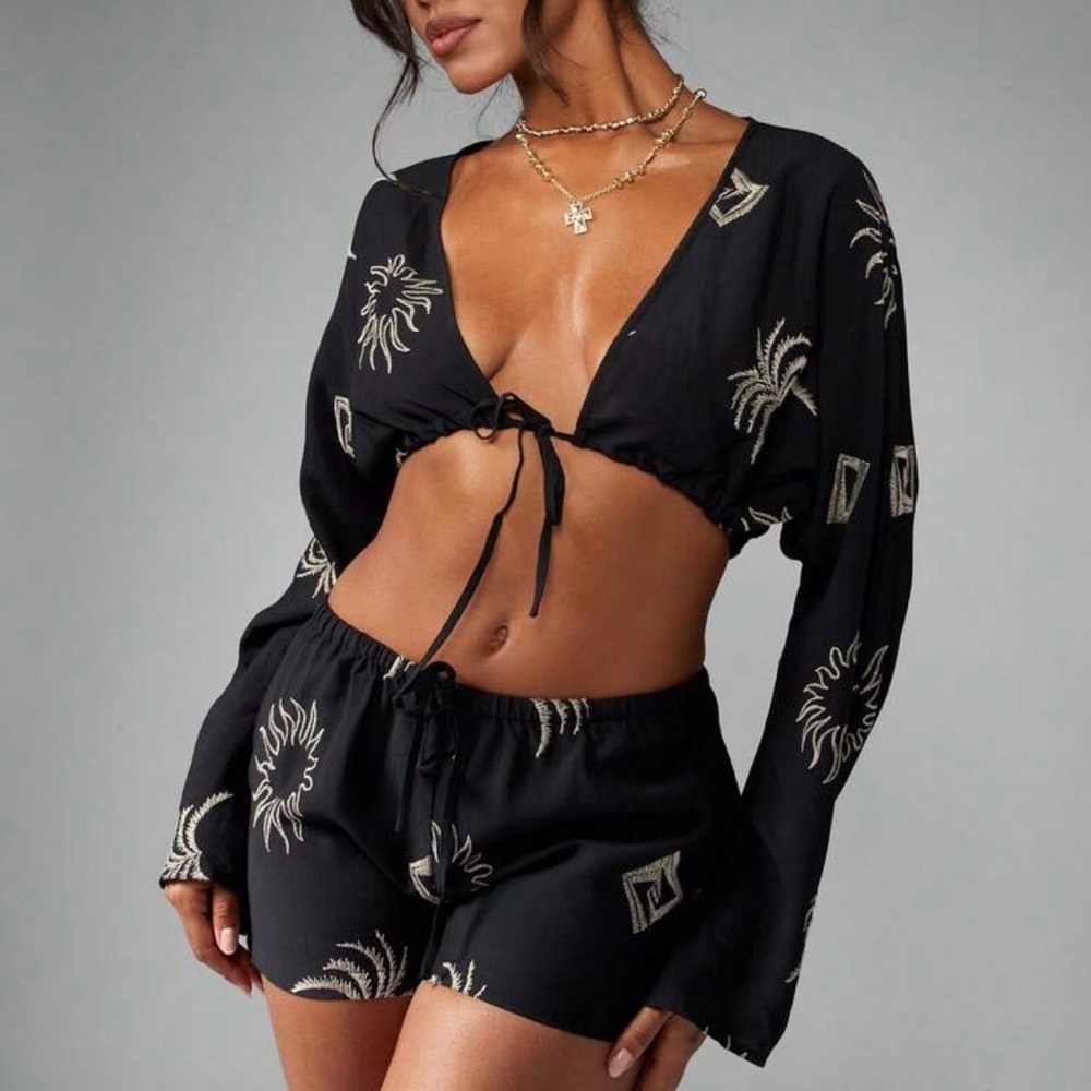 Black Two-Piece Crop Top & Shorts Set with gold Embroidered Motifs